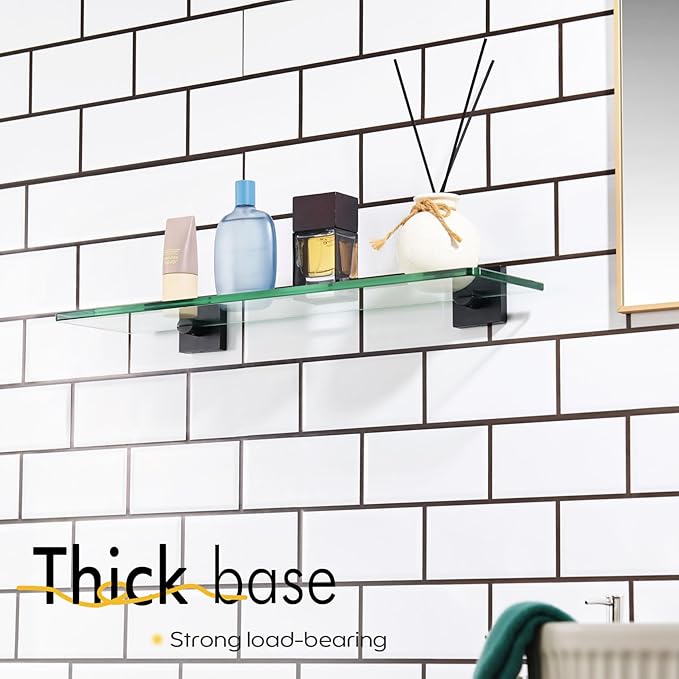 KOKOSIRI Bathroom Shelves Wall Mounted Tempered Glass Floating Shelf 20-Inch Kitchen Hanging Rack Shower Storage, Matte Black Stainless Steel B1107BK-L20