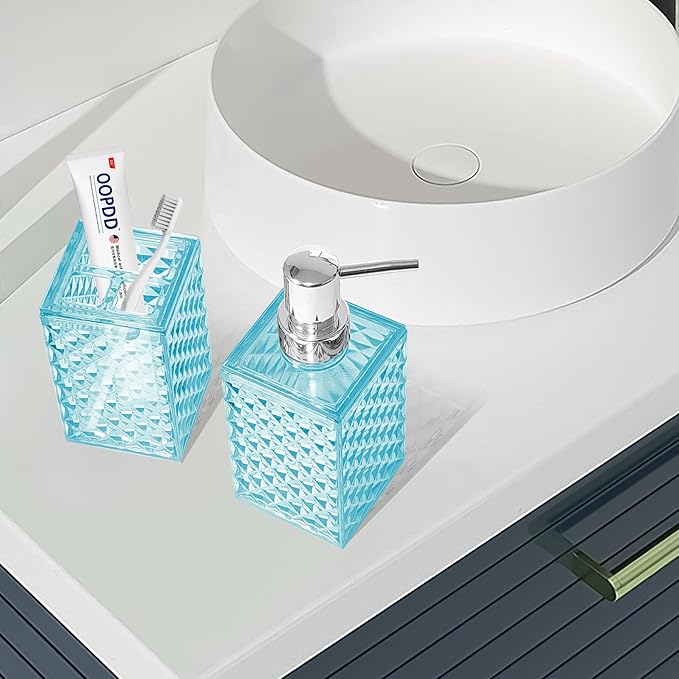 2PCS Cyan Bathroom Accessories. Contain Soap Dispenser and Toothbrush Holder Set. Boho Bathroom Set for Blue Bathroom Décor