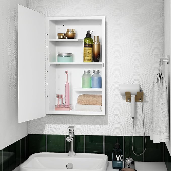 Fundin White Medicine Cabinet Recessed or Surface Mount, Bathroom Medicine Cabinet with 16 x 26 Beveled Mirror and Adjustable Staggered Shelves