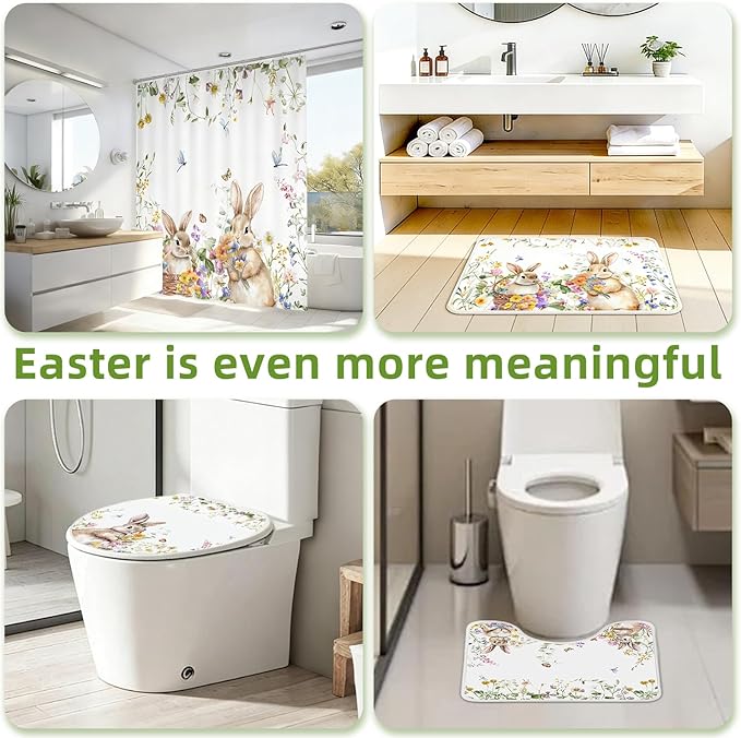 Easter Shower Curtain Set for Bathroom, Easter Rabbits Shape Red Bathroom Supplies for Spring Accessories Decor Set, Non Slip Rugs Toilet Lid Cover U Shape Bath Mat and 12 Hooks