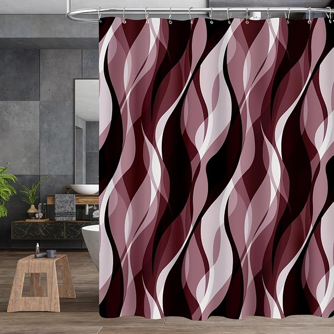 4PCS Burgundy Red Abstract Shower Curtain Sets with Rugs, Striped Bathroom Sets with Shower Curtain and Rugs, Modern Bathroom Curtains Shower Set with Toilet Lid Cover for Bathroom Decor