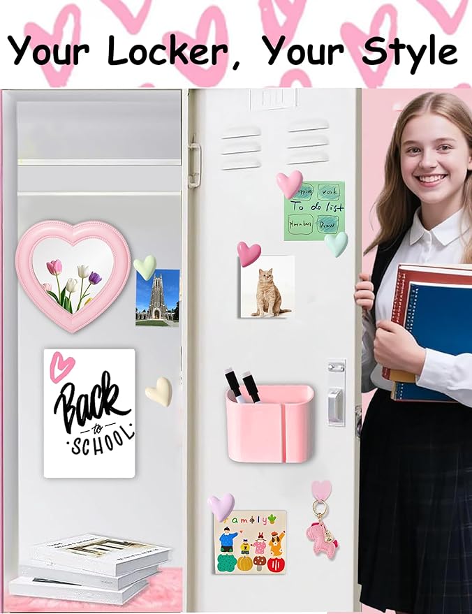 Heart Magnetic Locker Mirror for Girls, 6.9"x7.3" Real Glass Mirror Magnetic for School Locker, Locker Accessories Makeup Mirror for Bathroom Fridge Office Cabinet Gym (Pink)