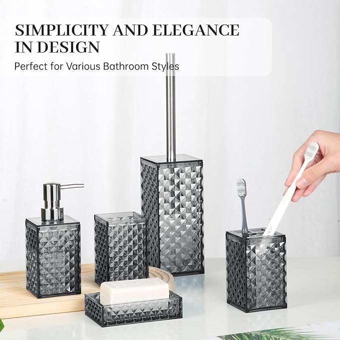 Bathroom Accessory Set, Grid Pattern 5 Pcs Plastic Bathroom Set Include Toilet Bursh, Soap Dispenser, Soap Dish, Toothbrush Holder, Mousewash Cup, Modern Bahtroom Décor Set(Dark Grey)
