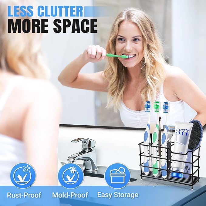 Toothbrush Holders for Bathrooms, Stainless Steel Toothbrush Holder for Kids and Adults, Electric Toothbrush and Toothpaste Holder, Rustproof Bathroom Accessories Organizer, Black Large