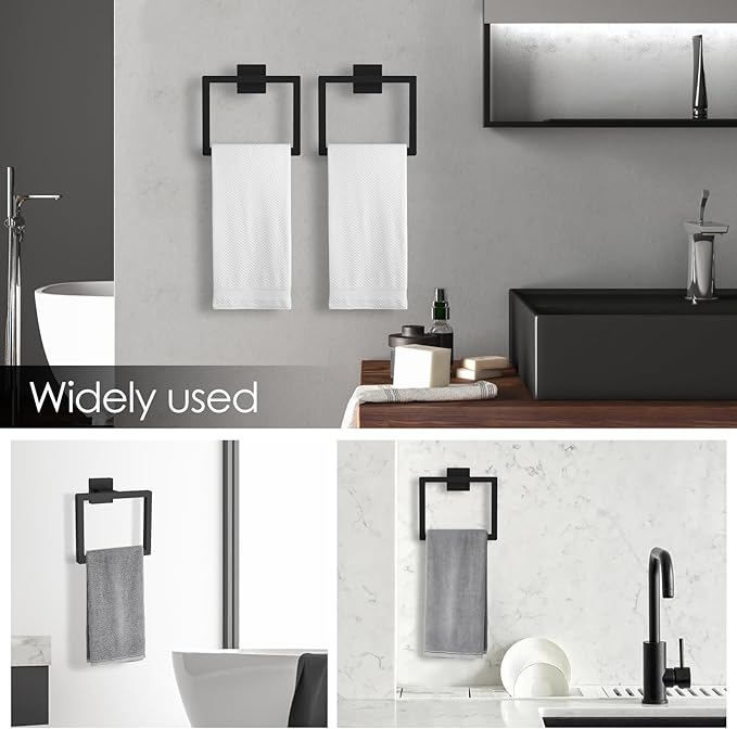 Square Towel Ring for Bathroom, Matte Black Hand Towel Holder Wall Mount, Modern Towel Ring for Guest Bath, Black Bathroom Hardware, Towel Rings for Wall, Rust-Proof Finish 2Pcs