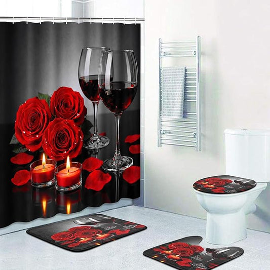 Britimes 4 Piece Shower Curtain Sets, with 12 Hooks, Red Wine Rose with Non-Slip Rugs, Toilet Lid Cover and Bath Mat for Bathroom Decor Set, 72" x 72"