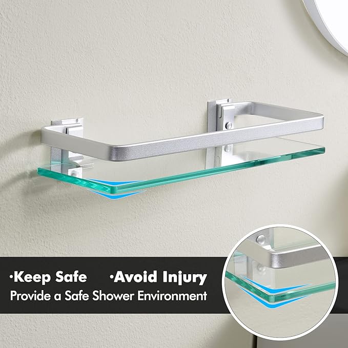 KES 2 Pack Bathroom Shelf with Rectangle Tempered Glass and Polished Chrome Bracket Tempered Glass Rectangular 1 Tier, BGS3201S40-P2+A4126A