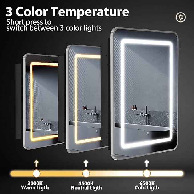 ROOMTEC Lighted Medicine Cabinet with Mirror 16"x24", Bathroom Mirror Cabinet with Lights and Storage, Single Doors Bathroom Wall Cabinet with LED Lights,Silver
