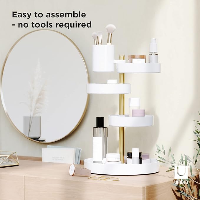 Umbra Pirouette Cosmetic Organizer, Large Capacity Makeup Storage with Adjustable Compartments, White/Brass