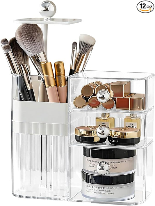 PET Makeup Organizer with Press Pop-Out Compartment & 3 Drawers, Clear Cosmetic Storage Box for Vanity Countertop, Bathroom Small Item Organization