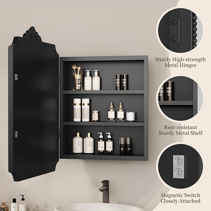 16x24 Inch Medicine Cabinets for Bathroom,Recessed or Surface Mount Medicine Cabinet, Medicine Cabinet Mirror with Storage, All-Metal Frame, Sturdy & Heavy Shelves, Easy Assembly, Black