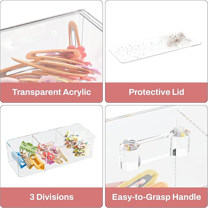 Hair Accessories Organizer for Girls, Clear Hair Bow Tie Clip Scrunchie Holder Organizer with Removable Divider, Cute Small Stackable Storage Drawer Container Caddy Box, Women Vanity Accessories, 2Pcs