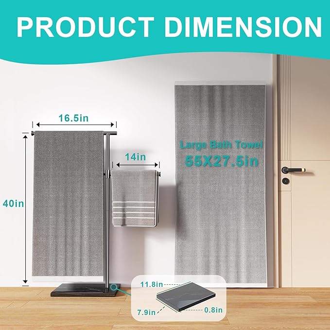 Free Standing Towel Rack for Bathroom with Weighted Marble Base, 40 Inch Adjustable Height and 360° Swivel Bar, Taller Rustproof 304 Stainless Steel Floor Towel Stand for Bathtub, Pool and Spa