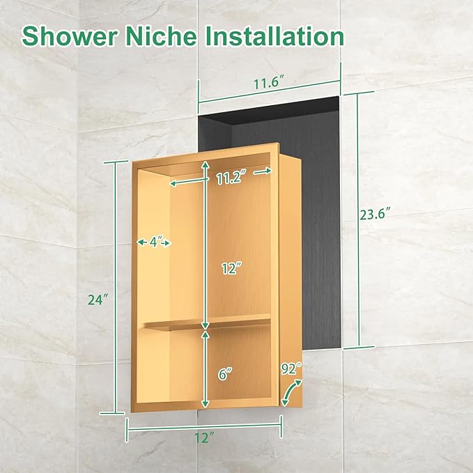 SaniteModar Shower Niche, Stainless Steel Shower Niche No Tile Needed, Recessed for Bathroom Storage (Brushed Gold, 18" x 12" Double)