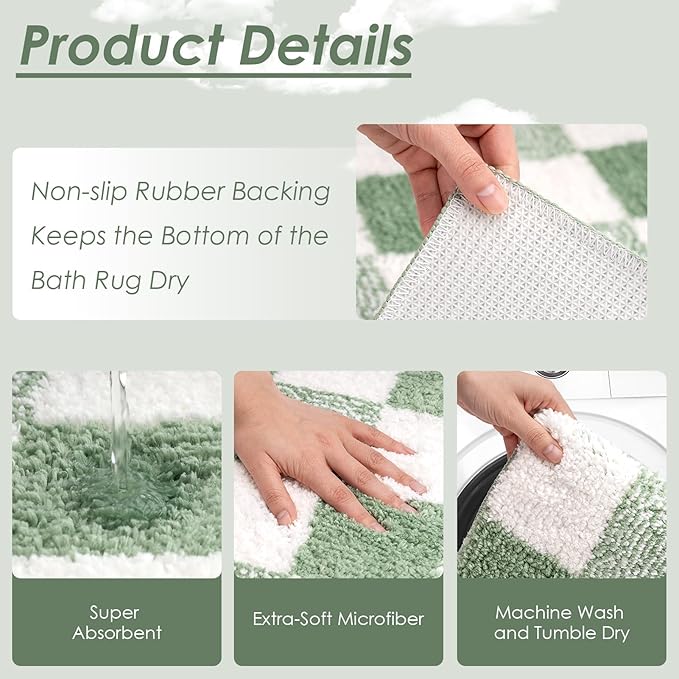Britimes Sage Green Bathroom Sets with Shower Curtain and Rugs, Modern Striped Checkerboard Waterproof Shower Curtain Liner and Soft Non Slip Bath Mat for Bathroom Decor and Accessories Hooks