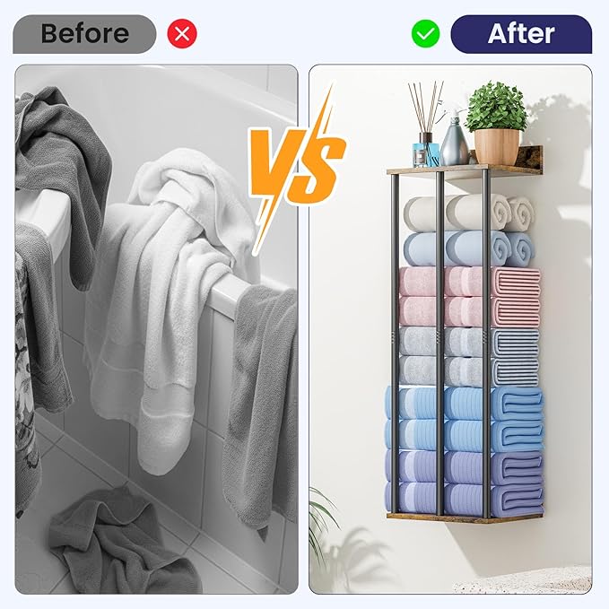 Towel Rack with Shelf – Modern Towel Holder for Bathroom Wall Mounted, Holds 6 Large Bath Towels, Rolled Towel Organizer for Bathroom, Laundry Room, and Small Space Storage，Vintage Color