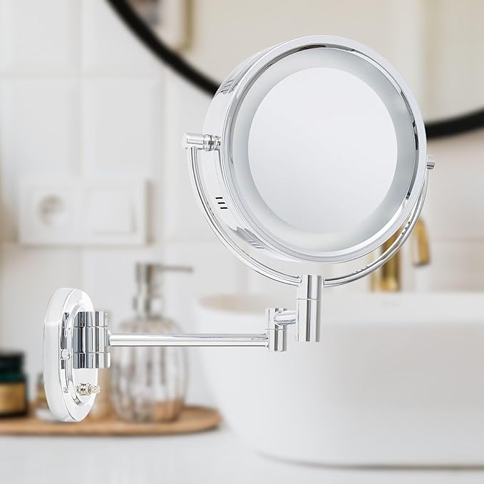 JERDON Wall-Mounted Makeup Mirror with 5X Magnification - Chrome Makeup Mirror with LED Lights - Plug in - HL65C