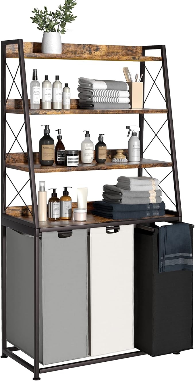 Herture Laundry Basket, 3 Section Laundry Hamper with 4 Tiers Shelf, Pull-Out and Removable Laundry Bags, Large 3 x 15.87 Gallons, for Laundry Room Bathroom Rustic Brown PF05XLN