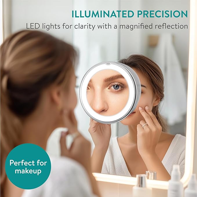 Navaris LED Magnifying Mirror with Lights - Powerful 10x Magnification for Makeup - Illuminated and Magnified Make Up Mirror with Light and Secure Suction Cup for Easy Attachment