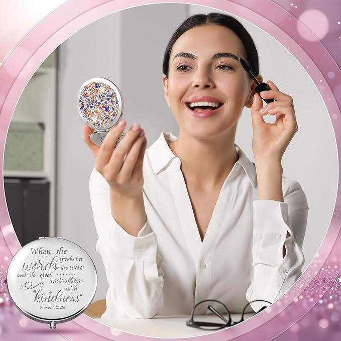 Thyle 12 Pcs Christian Compact Mirror Gifts for Women Mother's Day Nurse Week Bible Verse Wallet Mirror Bulk Hand Makeup Compact Religious Baptism for Holy Communion Teacher(Style 2,Dark Color)