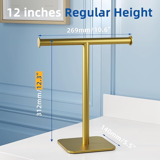 RUACQ Hand Towel Holder Stand, T-Shape Stainless Steel Free Standing Towel Rack, Vanity Countertop Towel Holder for Bathroom Kitchen Heavy Duty (Brushed Gold, 2 Pack)