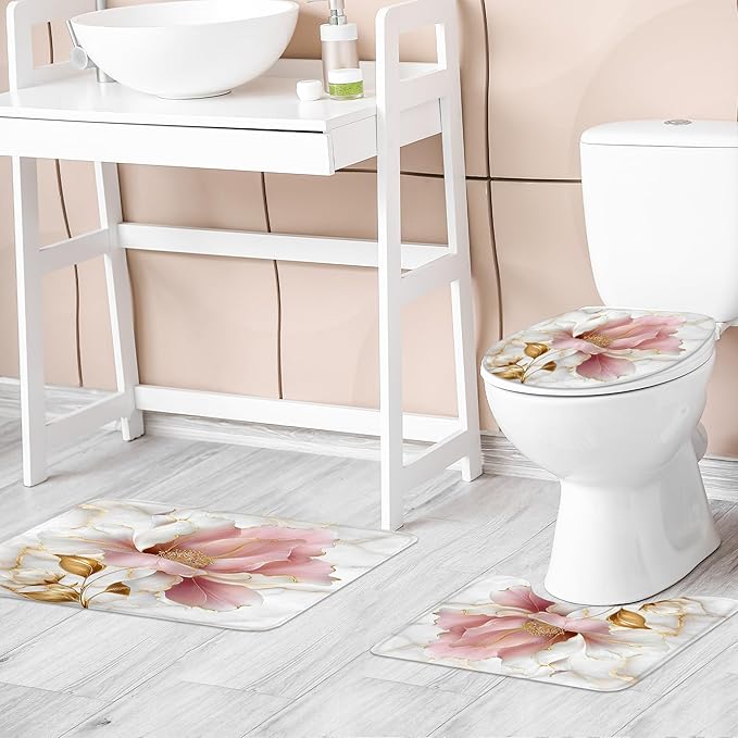 Riyidecor Marble Floral Pink Gold 4Pcs Bathroom Shower Curtain Sets Modern Flower Abstract Bathroom Decor Set with Rugs and Accessories Minimalist Toilet Lid Rug, Contour and Bath Mat with 12 Hooks