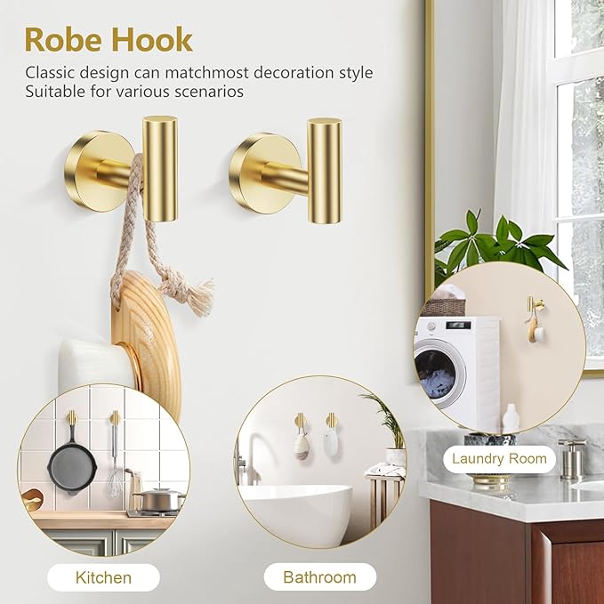 TQKAG Brushed Gold 5 Piece Bathroom Hardware Accessories Set 23.6" SUS304 Stainless Steel Bathroom Towel Bar Holder Sets Double Post Pivoting Toilet Paper Holder Set Wall Mounted