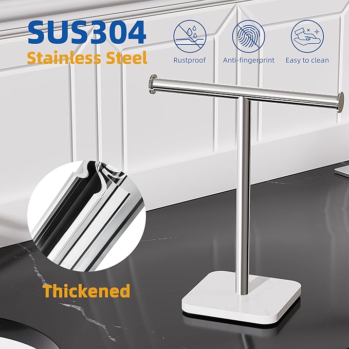 RUACQ Hand Towel Holder, T-Shape Free Standing Hand Towel Holder Stand with Marble Base, 304 Stainless Steel Hand Towel Stand for Bathroom Kitchen Vanity Countertop(Chrome)