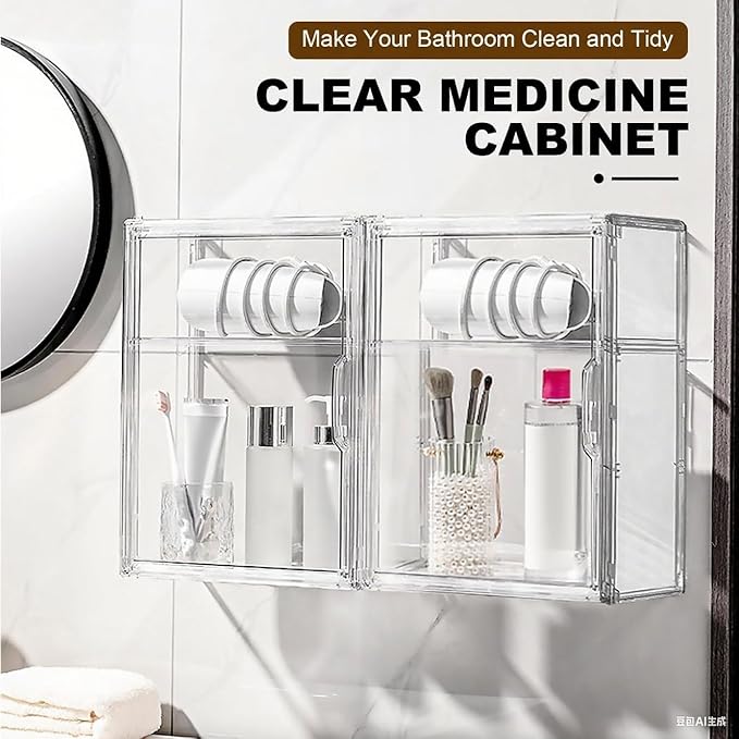 Wall Mount Adhesive Medicine Cabinet,Waterproof Small Bathroom Wall Cabinet with Detachable Partitions,Self Adhesive Farmhouse Storage Cabinet for Smooth Wall Surface and Countertop - Clear