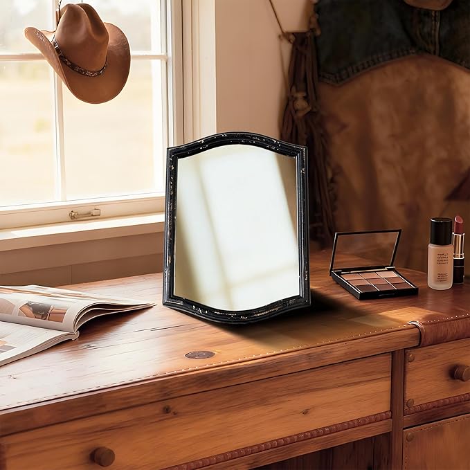 Small Vintage Vanity Black Makeup Scalloped Mirror Antique Wavy Square Farmhouse Mirror for Tabletop Living Room Bedroom Countertop Dresser 9.13x12