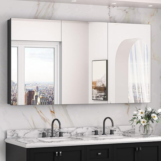 Keonjinn 60 x 32 Inch Medicine Cabinet, Assembly Required, Black Bathroom Medicine Cabinets Mirror, Lightweight, Adjustable Shelves, Surface Mount or Recessed, Tempered Glass