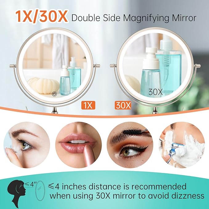 5000mAh Rechargeable Wall Mounted Lighted Makeup Vanity Mirror, Double Sided 1X 30X Magnifying Bathroom Mirror, 3 Color Lighting, Touch Screen Dimming, Extended Arm 360 Rotation Shaving Mirror