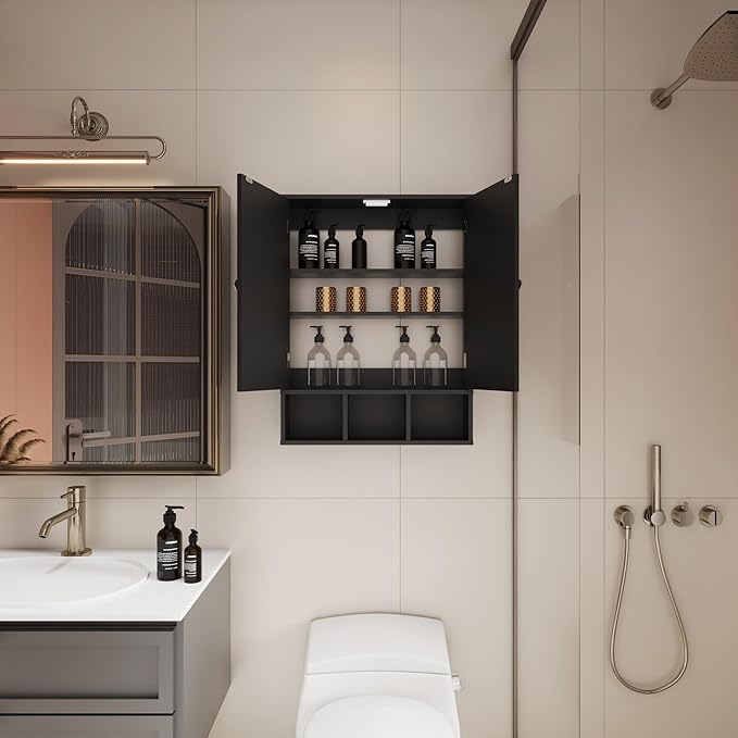 Bathroom Medicine Cabinet 2 Doors with 3 Open Shelves, Over The Toilet Storage Wall Mounted Medicine Cabinet with Adjustable Partitions，Home Cabinet for Bathroom,Living Room,Kitchen,Black