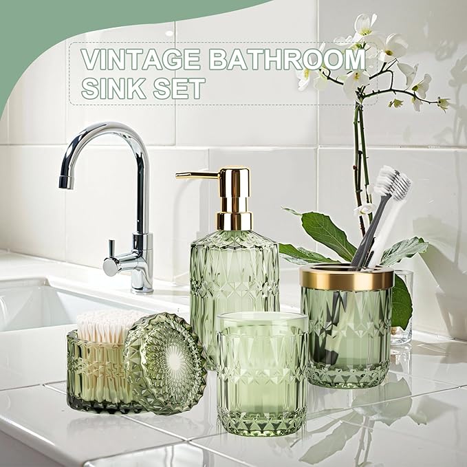 Green Bathroom Accessories Set, 5Pack Clear Glass Bathroom Accessories, Includes Lotion Soap Dispenser, Toothbrush Holder, Qtip Holder and Soap Dish, Vintage Bathroom Décor
