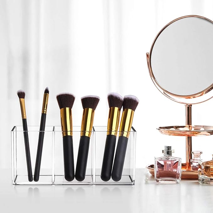 Tbestmax Makeup Brush Holder Organizer Clear Cosmetic Brushes Container Storage 3 Slots - Great for Vanity