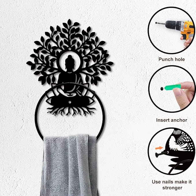 MAYJOYDIY Buddha Metal Towel Ring Tree of Life Towel Holder Lotus Buddha Meditation Towel Ring Rack Wall Mounted Black Art Towel Rack for Bathroom Kitchen Towel Hanger Home Decors Gift