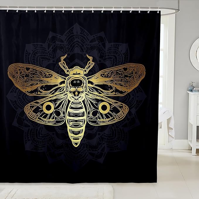 Feelyou Golden Moth Bath Curtain Gothic Skull Moth Pattern Shower Curtain Kids Stalls Decor Pesonalized Skeleton Bones Bathroom Shower Curtain Set Retro Waterproof Polyester Bathroom Curtains 72"x78"