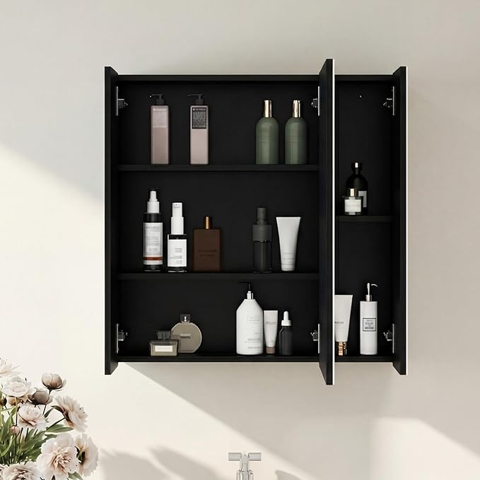 Panana Bathroom Mirror Cabinet Medicine Cabinets with 3 Mirrored Door Wall Mounted Cabinet with Mirror, Storage Shelf with Adjustable Shelves Storage Organizer Kitchen Cupboard (Black, 23.6x23.6 inch)