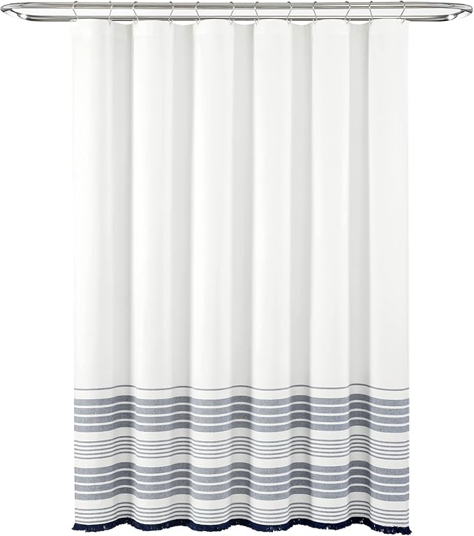 Lush Decor Nantucket Yarn Dyed Cotton Blend Tassel Fringe Shower Curtain Single 72" W x 72" L White & Navy - White Shower Curtains for Bathroom Curtain