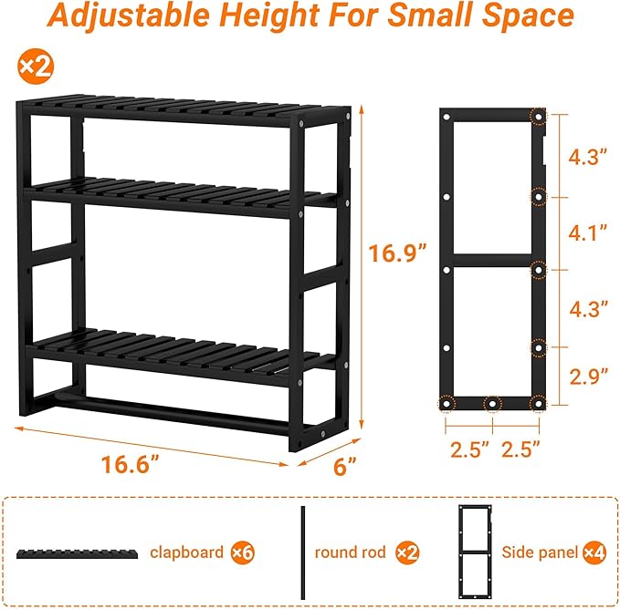 PPN Towel Rack Bathroom Storage Shelves Over The Toilet with Towel Bar 100% Bamboo Adjustable Height Floating Shelf Wall Shower Shelf for Small Space Bathroom Kitchen Multi Usage (Black-2Pack)