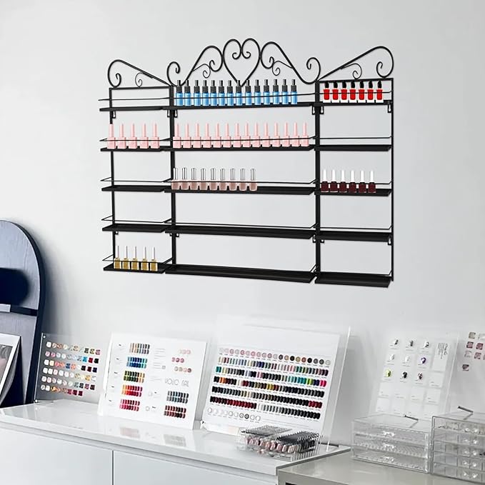 5 Tiers Wall-Mounted Nail Polish Storage Racks 3 Pcs Metal Nail Polish Shelf Nail Polish Holder Cosmetic Display Rack for Home Bathroom Beauty Salons,47.63 * 2.56 * 27.95 in (Black)