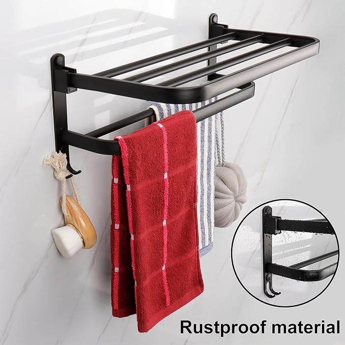 TocTen Towel Rack for Bathroom, Foldable Towel Holder with Double Towel Bars, Wall Mounted Premium Aluminum Bathroom Tower Shelf, Space-Saving Towel Hanger for Bathroom, Lavatory (Black,16 in)
