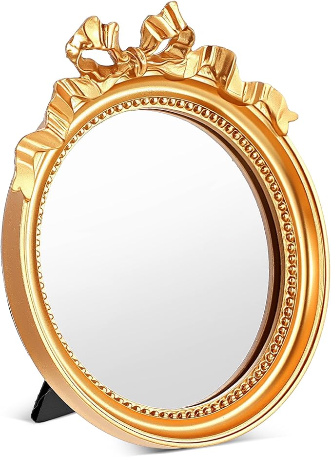 Abeillo Small Gold Desk Mirror, 4.2'' Round Decorative Mirror Vintage Table Mirrors with Gold Resin Frame for Bedroom Bathroom Tabletop Wall