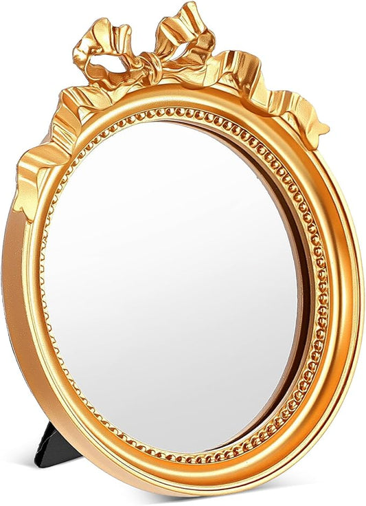 Abeillo Small Gold Desk Mirror, 4.2'' Round Decorative Mirror Vintage Table Mirrors with Gold Resin Frame for Bedroom Bathroom Tabletop Wall