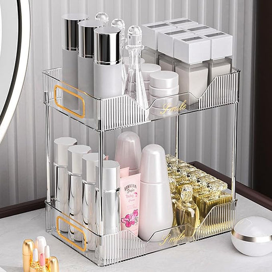 Bathroom Counter Organizer, Makeup Perfume Organizer Storage for Coutertop Bathroom Vanity Sink Desk Office Kitchen Tool (Vertical Stripe Clear, 2-Tier)