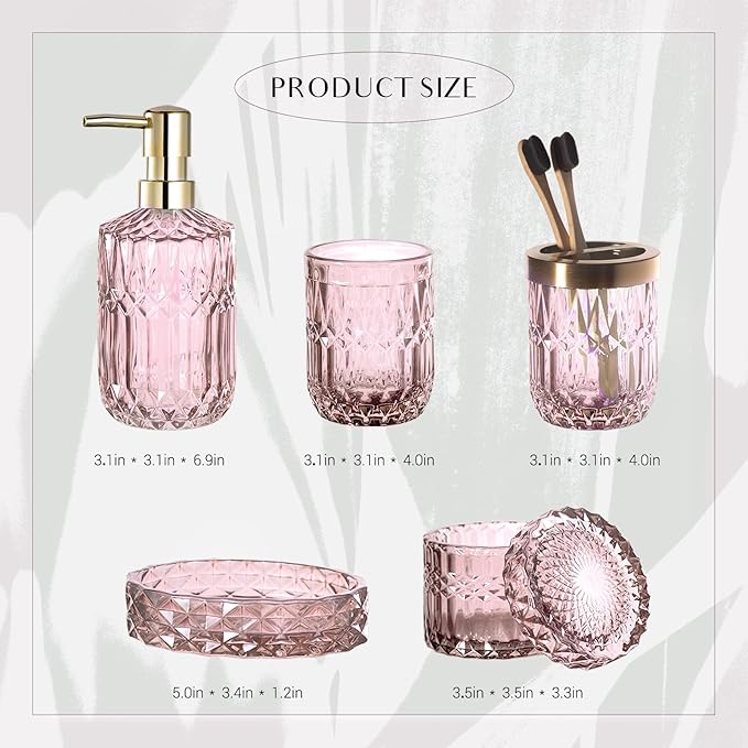 EMPO 6PCS Bathroom Clear Glass Accessories Set (Lotion Soap Dispenser, Soap Dish, Toothbrush Holder, Tumbler, Cotton Swab Jar), Contemporary Modern Decor Crystal Vintage Gift (6pcs Light Pink)