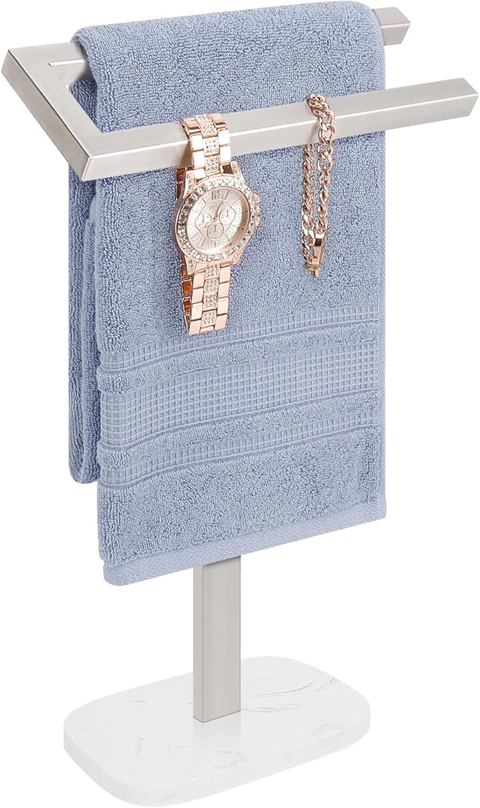 Livabber Standing Hand Towel Holder, 304 Stainless Steel Hand Towel Rack Stand with Heavy Marble Base, Bath Accessories, Towel Ring for Bathroom Kitchen Countertop, 14 Inch (Brushed Nickel)