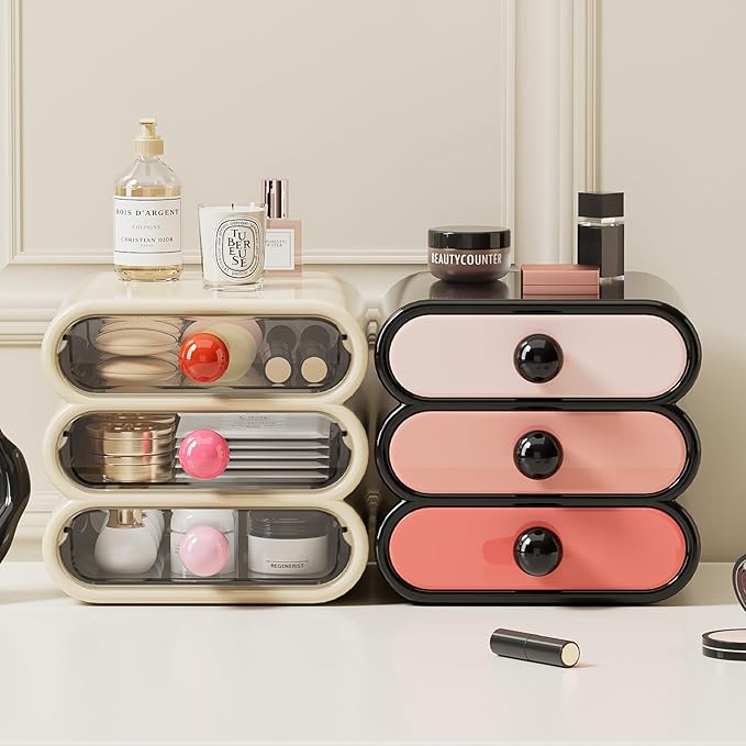 3-Drawer Desktop Organizer, Compact Vanity Drawer Organizer for Makeup, Small Plastic Drawer Containers for Bathroom, Cabinet