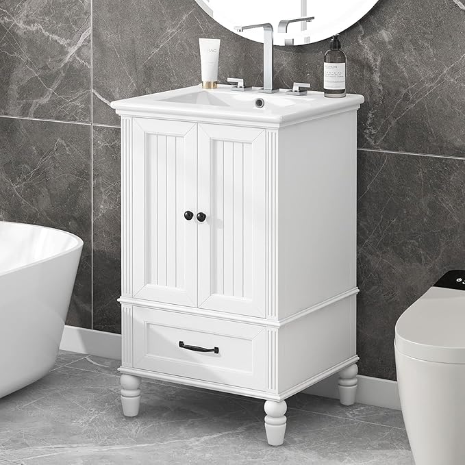 Virubi 20" Small Bathroom Vanity with Sink,Doors and Drawer,Wood Mid-Century Modern Bathroom Sink Cabinets with Adiustable Foot Pads,for Small Space,Freestanding (White)