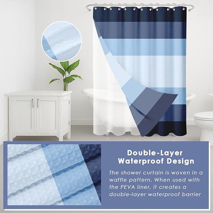 Britimes Navy Blue Stripes Bathroom Sets with Shower Curtain and Rugs, Modern Minimalist Ombre Waterproof Shower Curtain Liner and Soft Non Slip Bath Mat for Bathroom Decor and Accessories Hooks
